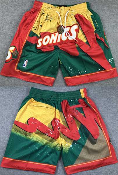 Mens Oklahoma City Thunder Green Yellow Red SuperSonics Shorts (Run Smaller)1->nba shorts->NBA Jersey